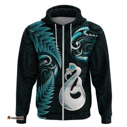 personalised new zealand hoodie aotearoa silver fern with manaia maori unique turquoise
