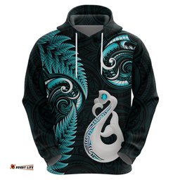 personalised new zealand hoodie aotearoa silver fern with manaia maori unique turquoise