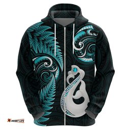 personalised new zealand hoodie aotearoa silver fern with manaia maori unique turquoise
