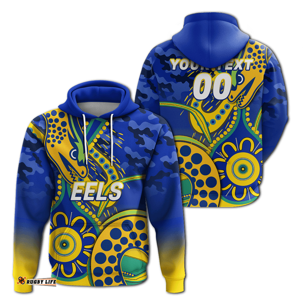custom personalised eels rugby anzac day camouflage indigenous art hoodie