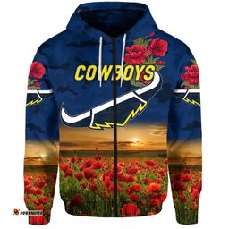 custom personalised north queensland cowboys anzac zip up and pullover hoodie poppy flowers vibes blue