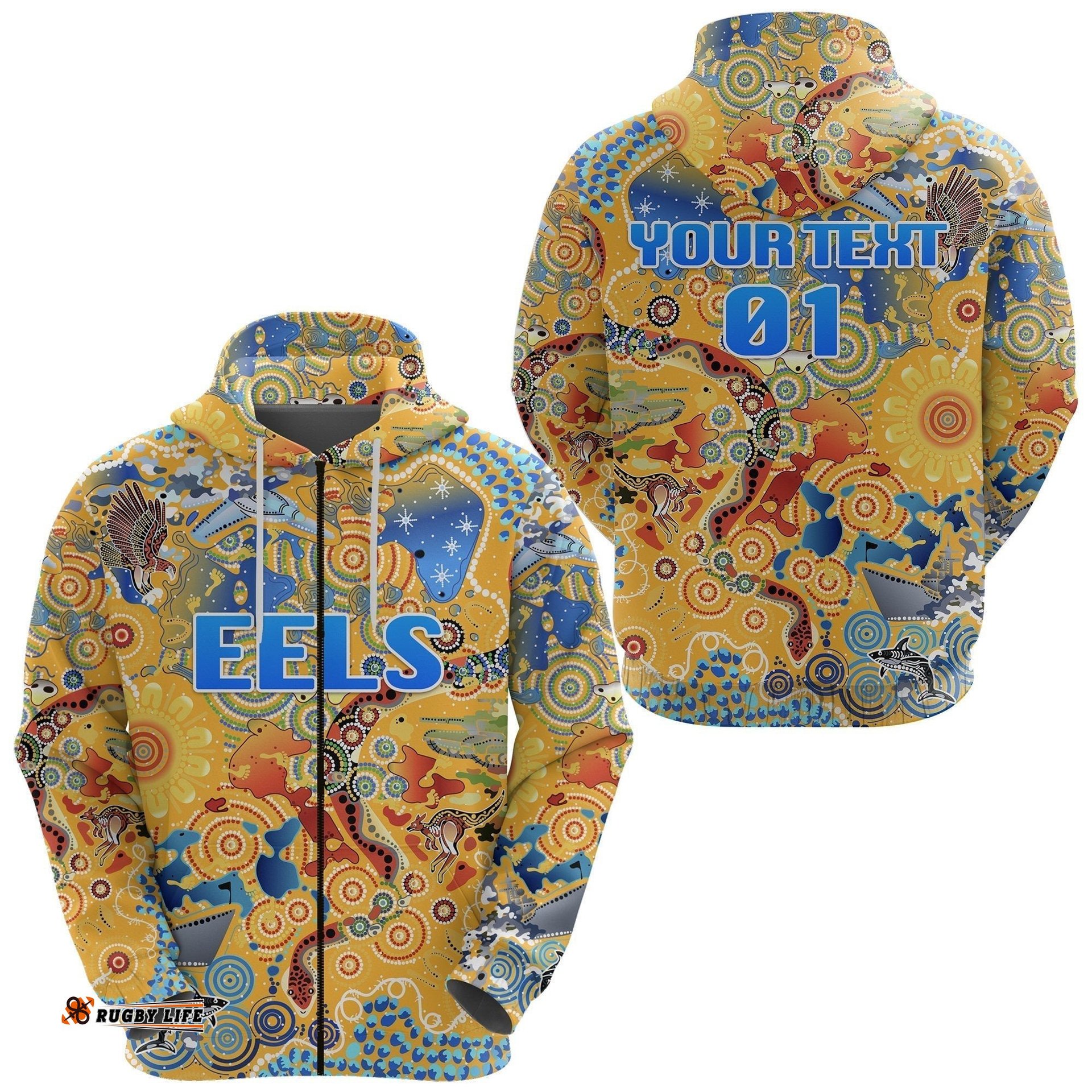 custom personalised parramatta zip hoodie eels indigenous naidoc vibes gold custom text and number
