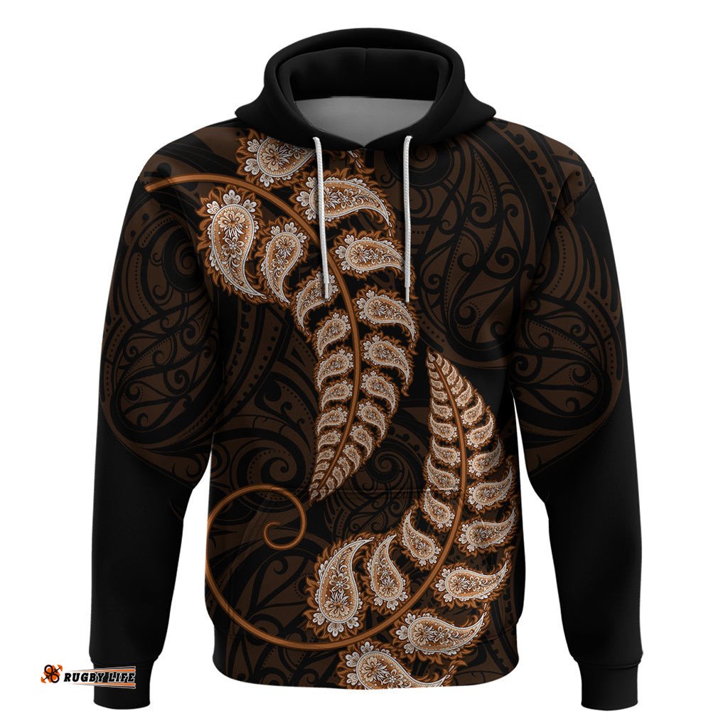 brown new zealand paisley silver fern hoodie aotearoa maori