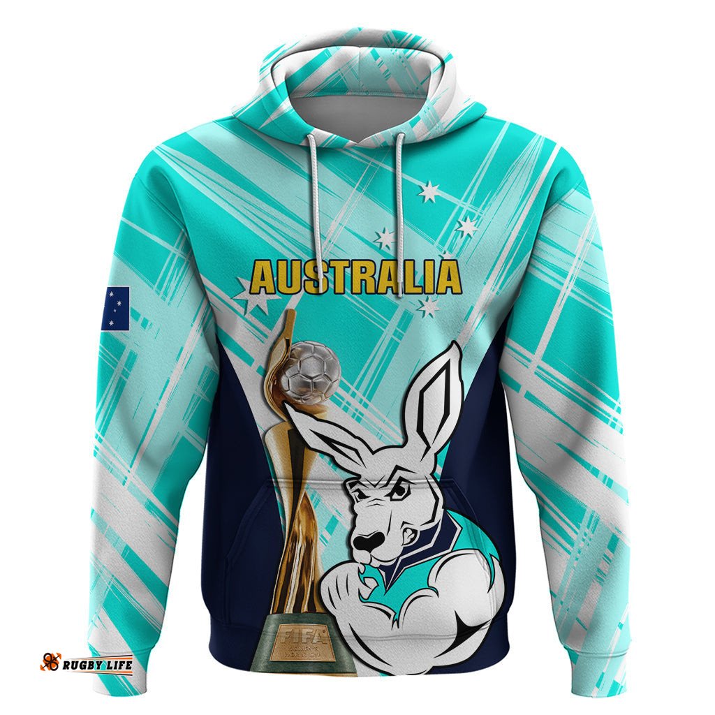custom australia soccer hoodie matildas kangaroo with world cup trophy turquoise version