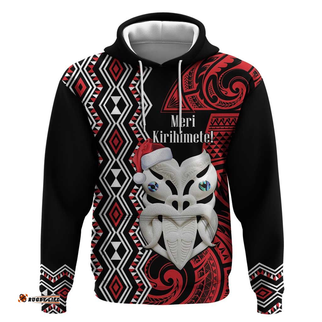 personalised new zealand christmas hoodie meri kirihimete maori wheku taniko art