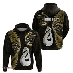 personalised new zealand hoodie aotearoa silver fern with manaia maori unique gold
