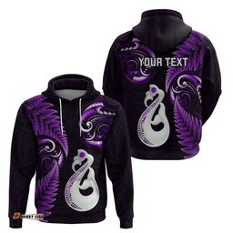 personalised new zealand hoodie aotearoa silver fern with manaia maori unique purple