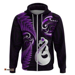 personalised new zealand hoodie aotearoa silver fern with manaia maori unique purple