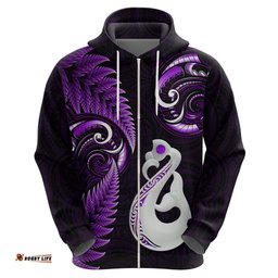 personalised new zealand hoodie aotearoa silver fern with manaia maori unique purple