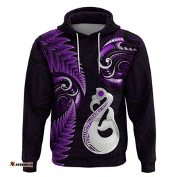 personalised new zealand hoodie aotearoa silver fern with manaia maori unique purple