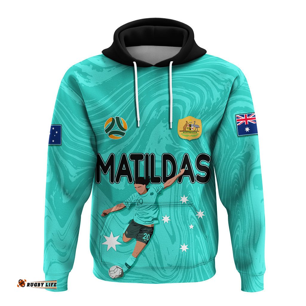 personalised aussie matildas hoodie sam kerr world cup marble patterns turquoise