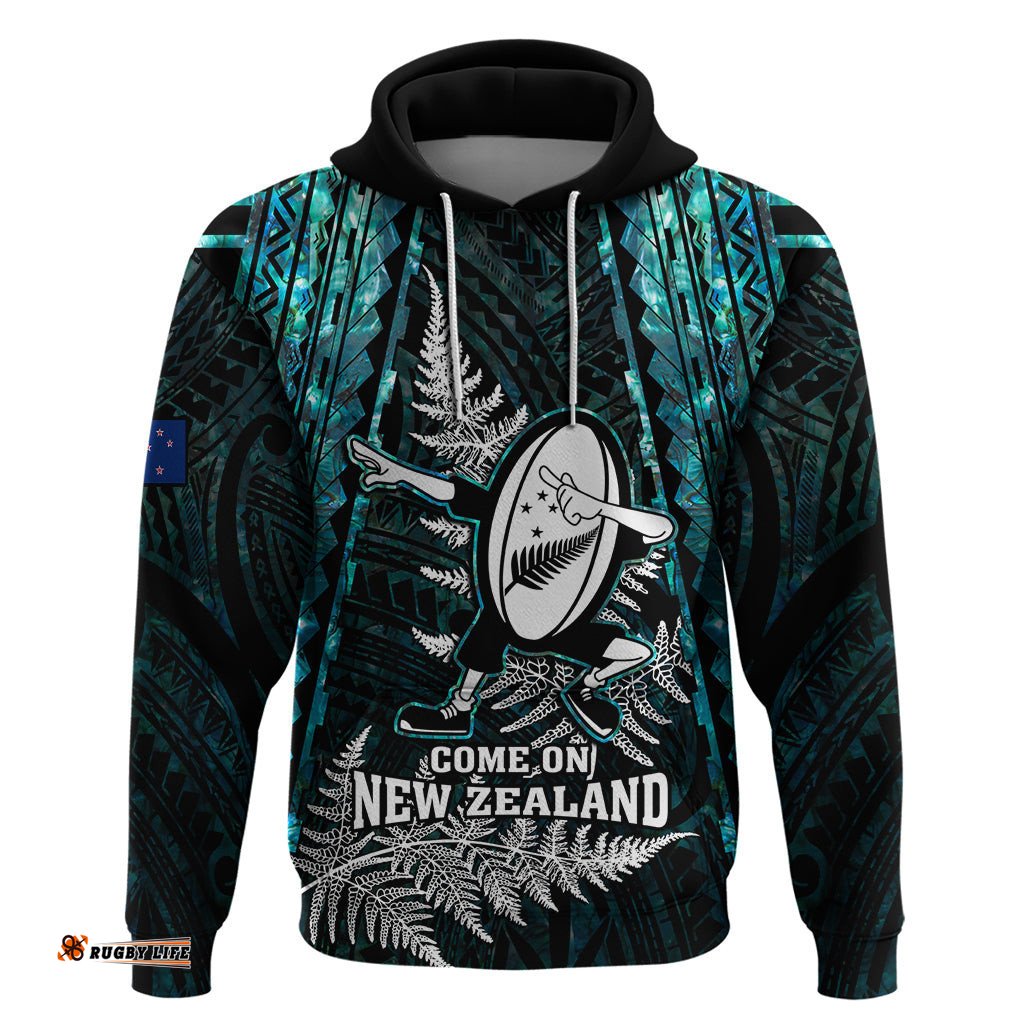 new zealand silver fern rugby hoodie aotearoa all black dabbing ball with maori paua shell