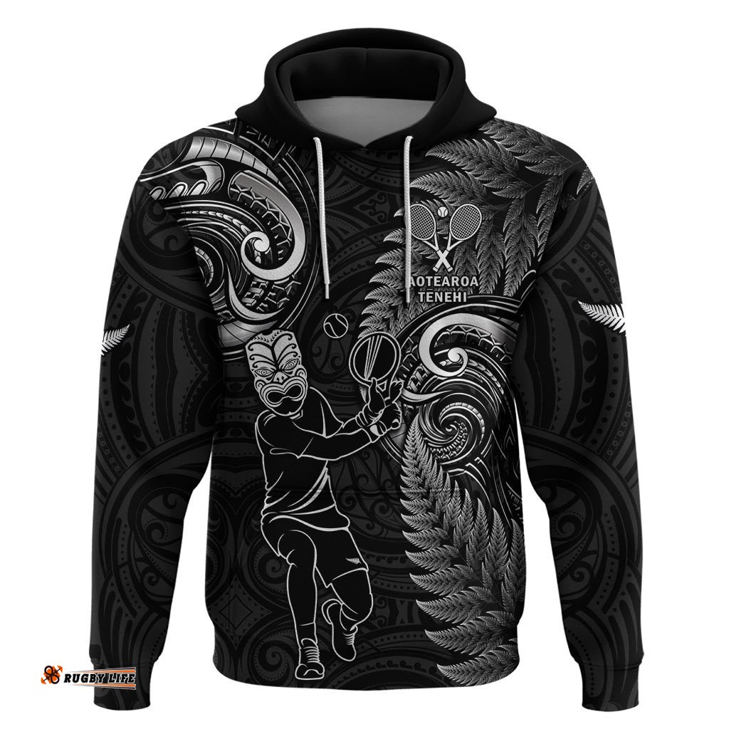 custom new zealand tiki tennis hoodie 2024 aotearoa tenehi maori silver fern black