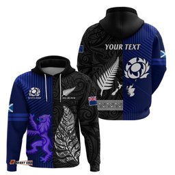 personalised new zealand and scotland rugby hoodie all black maori with thistle together