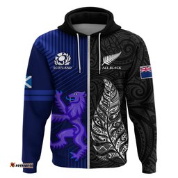 personalised new zealand and scotland rugby hoodie all black maori with thistle together