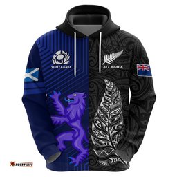 personalised new zealand and scotland rugby hoodie all black maori with thistle together