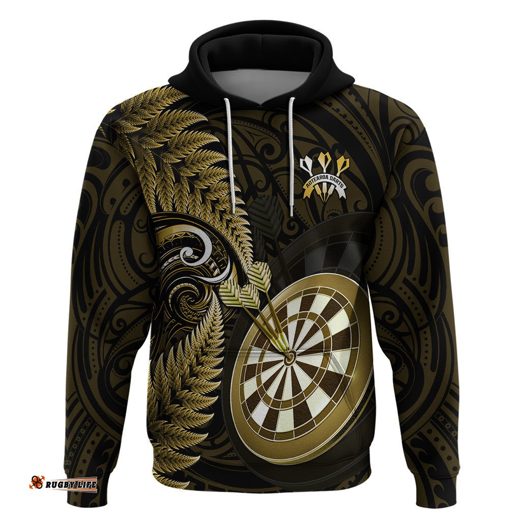 personalised new zealand darts hoodie happiness is a tight threesome maori gold