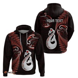personalised new zealand hoodie aotearoa silver fern with manaia maori unique red