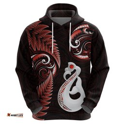 personalised new zealand hoodie aotearoa silver fern with manaia maori unique red