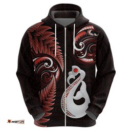 personalised new zealand hoodie aotearoa silver fern with manaia maori unique red