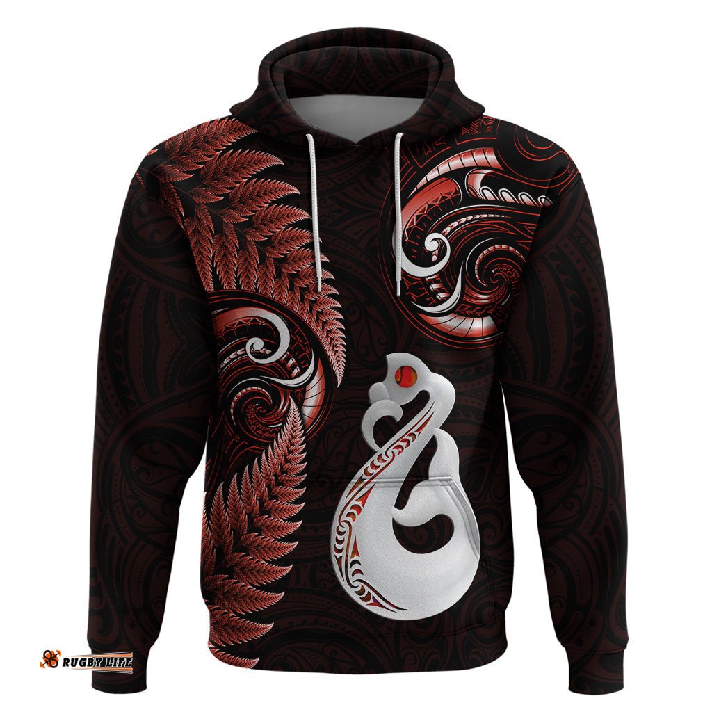 personalised new zealand hoodie aotearoa silver fern with manaia maori unique red