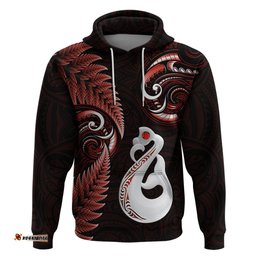 personalised new zealand hoodie aotearoa silver fern with manaia maori unique red