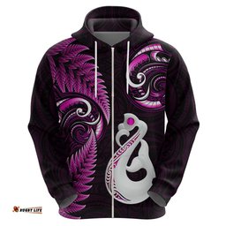 personalised new zealand hoodie aotearoa silver fern with manaia maori unique pink