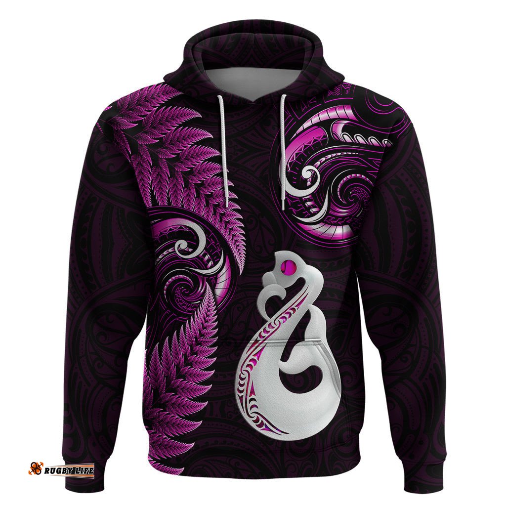 personalised new zealand hoodie aotearoa silver fern with manaia maori unique pink