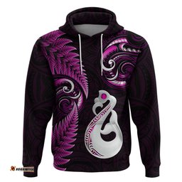 personalised new zealand hoodie aotearoa silver fern with manaia maori unique pink
