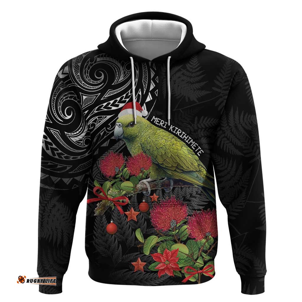 meri kirihimete kakapo hoodie black silver fern christmas vibe