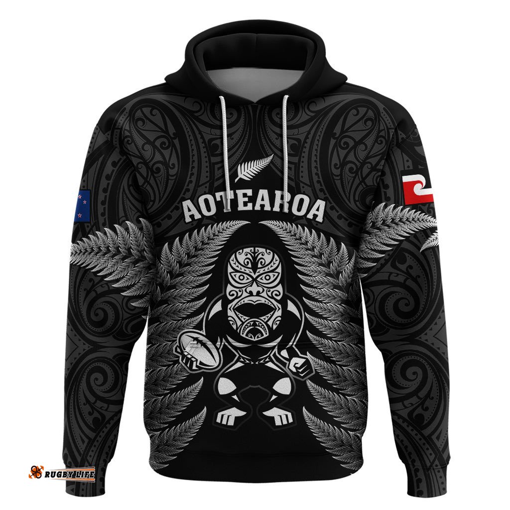 new zealand aotearoa rugby hoodie nz tiki with maori fern world cup black version