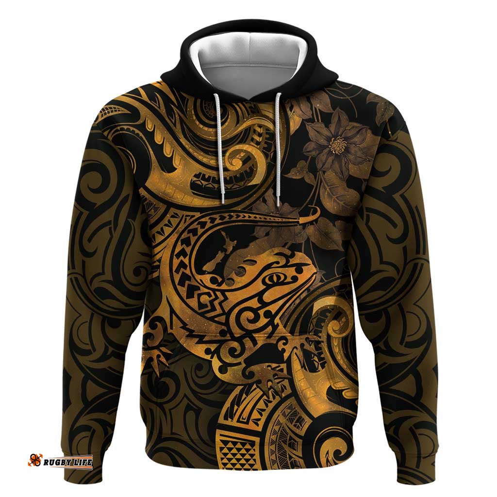 new zealand tuatara hoodie aotearoa maori clematis flowers gold
