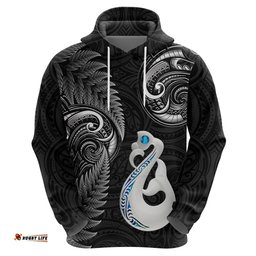 personalised new zealand hoodie aotearoa silver fern with manaia maori unique black