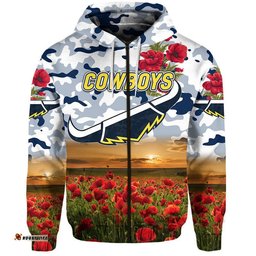 custom personalised north queensland cowboys anzac zip up and pullover hoodie poppy flowers vibes white