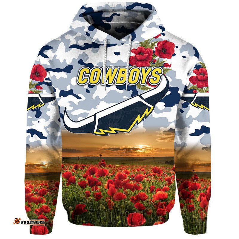 custom personalised north queensland cowboys anzac zip up and pullover hoodie poppy flowers vibes white