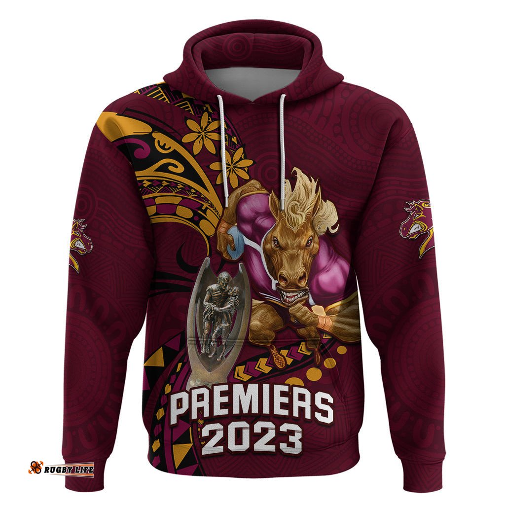 custom nrl broncos premiers hoodie mascot with polynesian pattern version