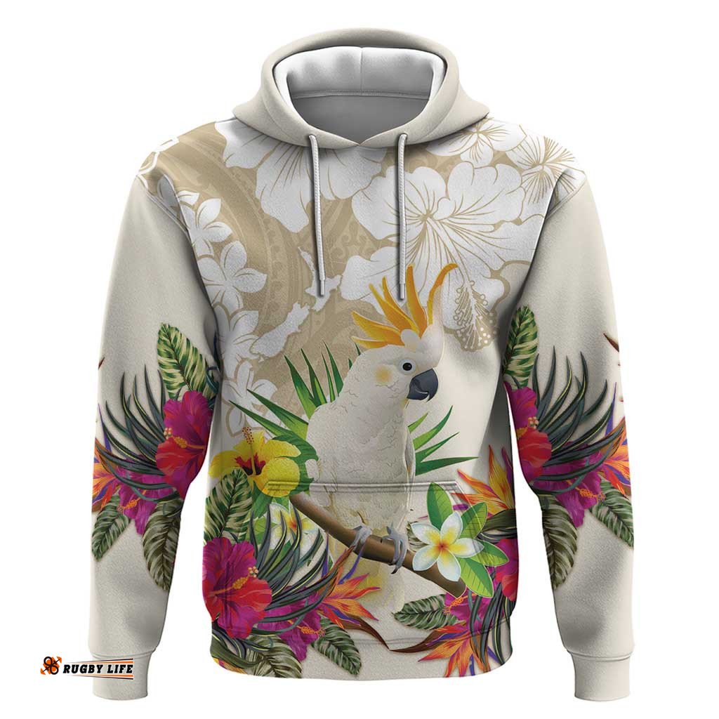 new zealand cacatua galerita hoodie aotearoa cockatoo tropical flowers