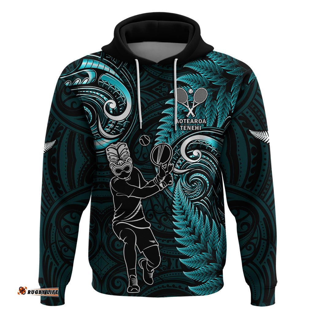 custom new zealand tiki tennis hoodie 2024 aotearoa tenehi maori silver fern turquoise