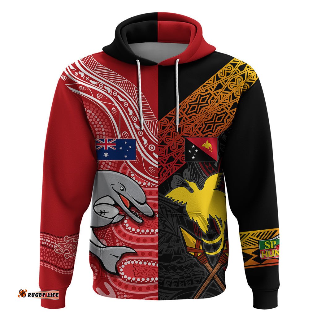 personalised png hunters mix aussie dolphins rugby hoodie motu and aboriginal half half