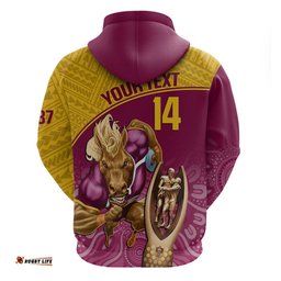 custom brisbane broncos rugby hoodie go champions mascot with polynesian indigenous art