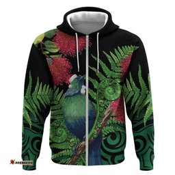 new zealand tui bird christmas hoodie maori fern mix pohotukawa