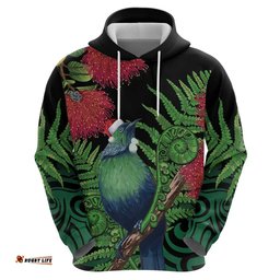 new zealand tui bird christmas hoodie maori fern mix pohotukawa