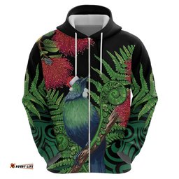 new zealand tui bird christmas hoodie maori fern mix pohotukawa