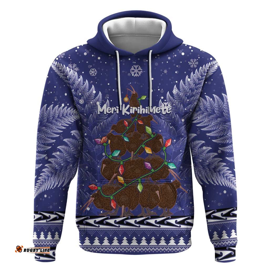 kiwi new zealand christmas hoodie meri kirihimete silver fern blue color