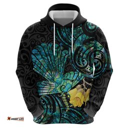new zealand fantail bird hoodie maori piwakawaka kowhai paua shell pattern
