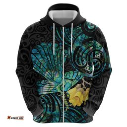 new zealand fantail bird hoodie maori piwakawaka kowhai paua shell pattern