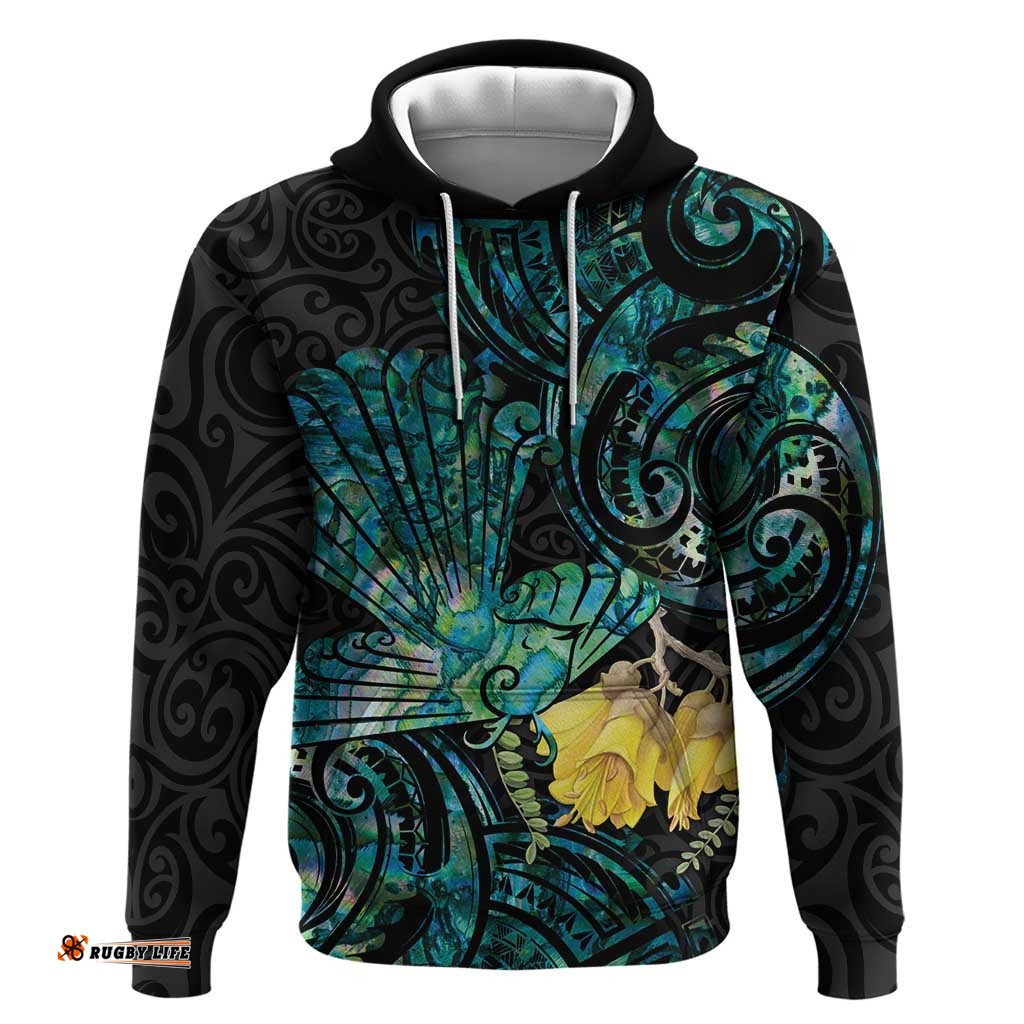 new zealand fantail bird hoodie maori piwakawaka kowhai paua shell pattern