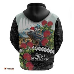 meri kirihimete tuatara hoodie new zealand fern with puhutukawa flowers