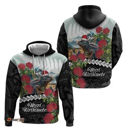 meri kirihimete tuatara hoodie new zealand fern with puhutukawa flowers