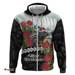 meri kirihimete tuatara hoodie new zealand fern with puhutukawa flowers